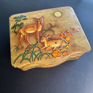 Vintage Tin Container Box Embossed Wildlife Deer Doe Bambi Moon Leaves *read*